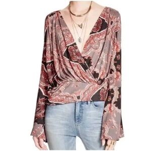 Free People Fiona Bell Sleeve Surplice Tie Waist Deep V Top Size small Mocha